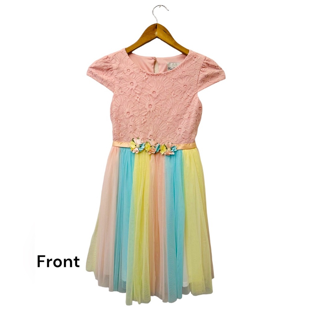 Girl Pastel colors dress(rose pink/yellow/teal).  Used 1x. Rose lace top.